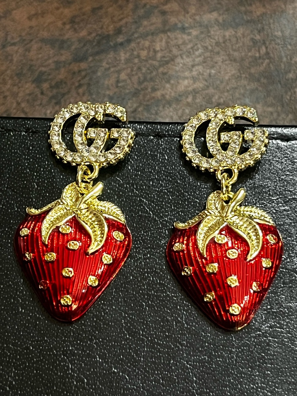 Double G Designer Gold Tone Strawberry Dangle Earrings